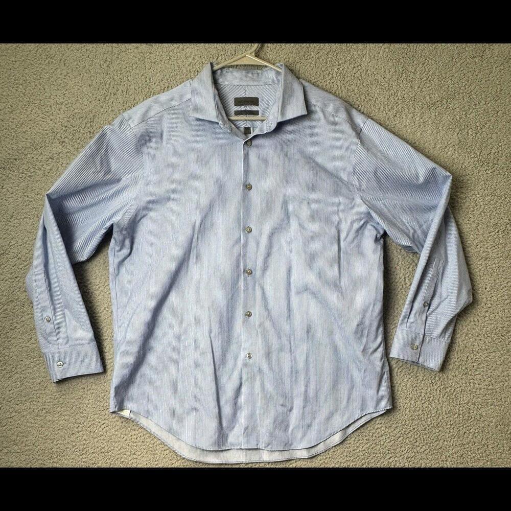 Calvin Klein Shirt Mens 17 1/2 Blue Slim Button Up Striped Long Sleeve Cotton